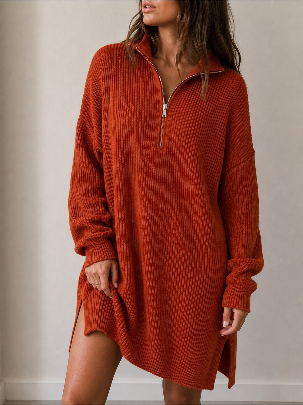 Zesica Rust Orange Ribbed Knit Quarter Zip Sweater Dress Large Fall Cozy